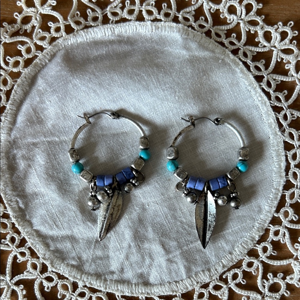 Source Unknown Silver and Turquoise Hoop Earrings